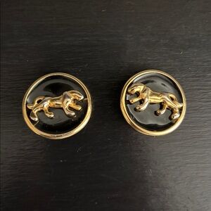 Vintage black enamel gold-toned clip-on earrings with cougar/panther motif
